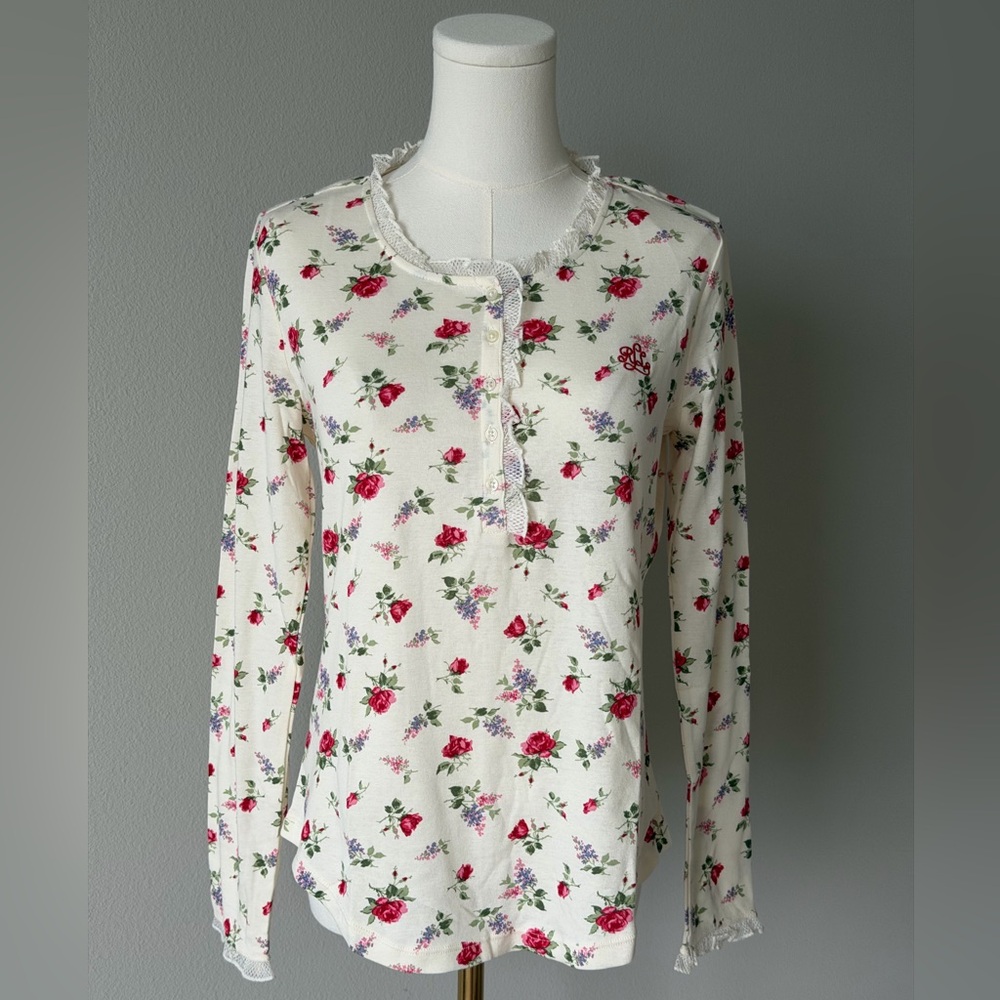 Lauren Ralph Lauren Cream Floral Rose Cotton Pajama Set-Romantic Sleepwear-S - Picture 4 of 16